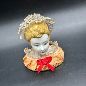 Vintage Porcelain Half Lady Doll Bust Lace Orange Red Bow Retro Figurine